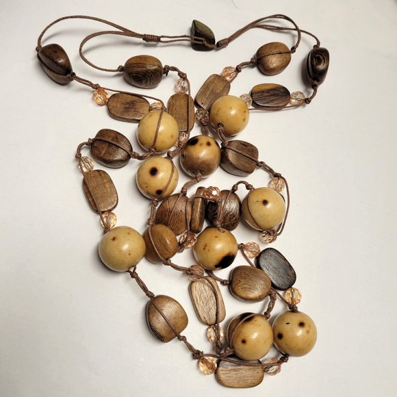Large Wood Inspired Earthtone Beaded Long Statement Necklace - Picture 1 of 10